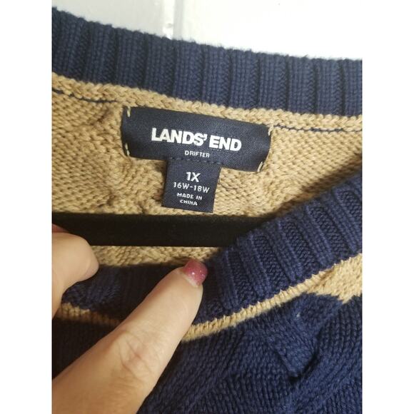 Lands End Women's Sz 1X 16/18 Navy Tan Nautical Striped Twist Cable Knit Sweater - Picture 3 of 8
